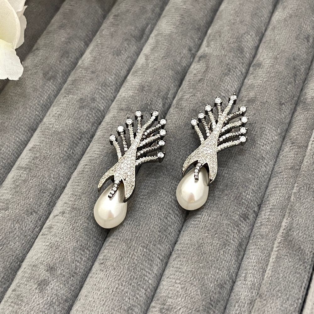Rhodium-Plated American Diamond Pearl Embellished Drop Earrings