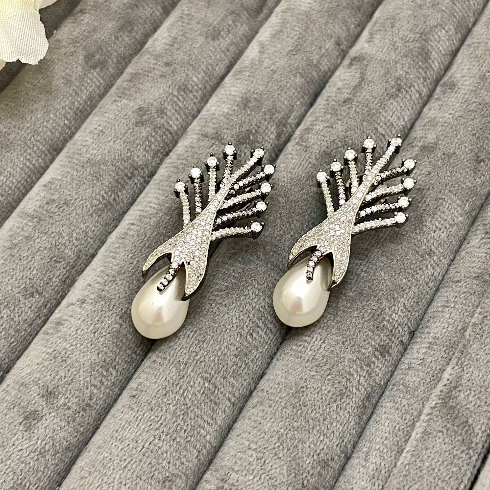 Rhodium-Plated American Diamond Pearl Embellished Drop Earrings