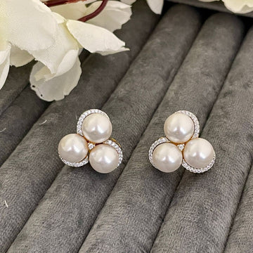 Rhodium-Plated Tri Pearl American Diamond Stud Earrings