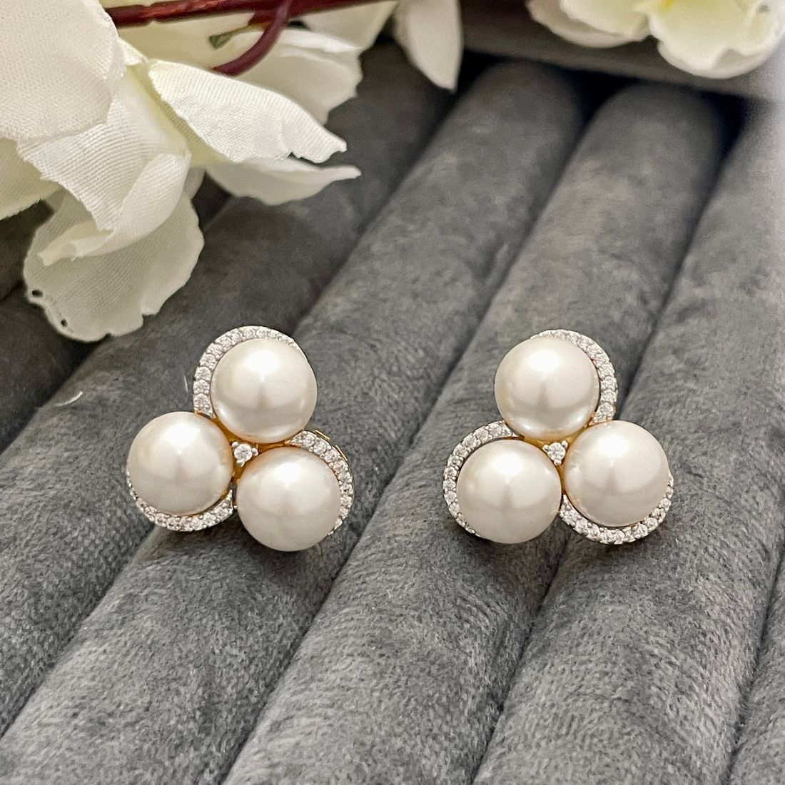 Rhodium-Plated Tri Pearl American Diamond Stud Earrings
