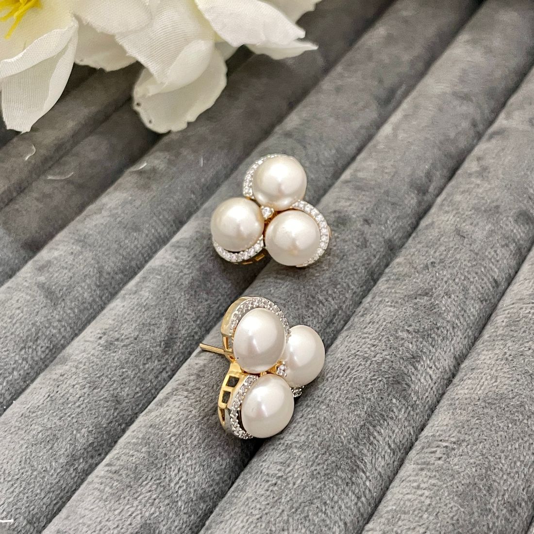 Rhodium-Plated Tri Pearl American Diamond Stud Earrings