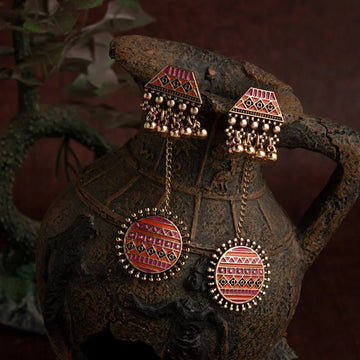 Rose Gold-Plated Enamel Artwork Antique Earrings, Orange-Pink