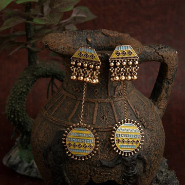 Rose Gold-Plated Enamel Artwork Dangler Earrings, Yellow-Turquoise