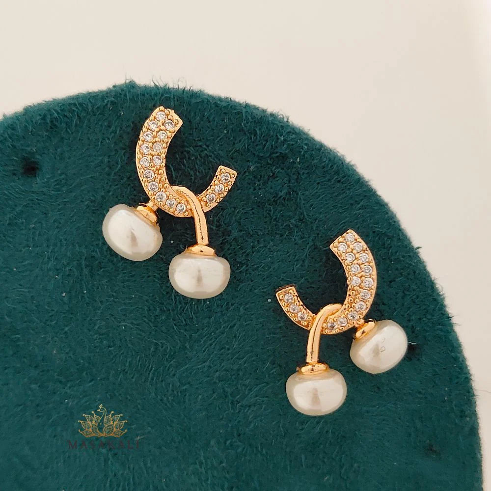 Rose Gold-Plated White Pearl & AD Studded Korean Earrings