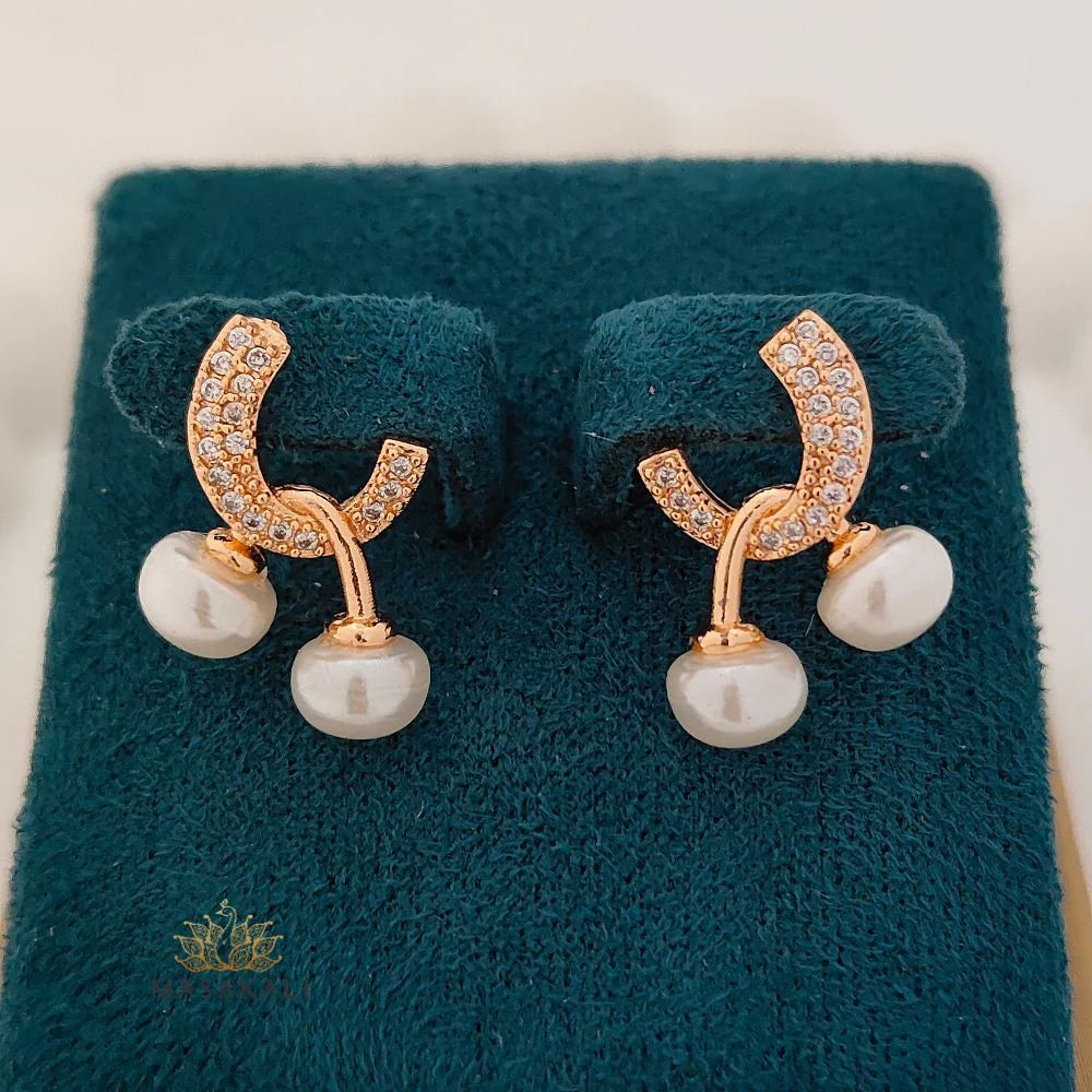 Rose Gold-Plated White Pearl & AD Studded Korean Earrings