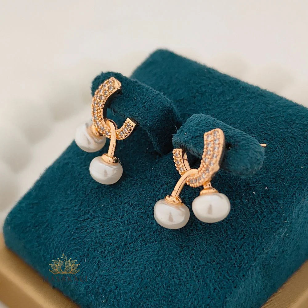 Rose Gold-Plated White Pearl & AD Studded Korean Earrings