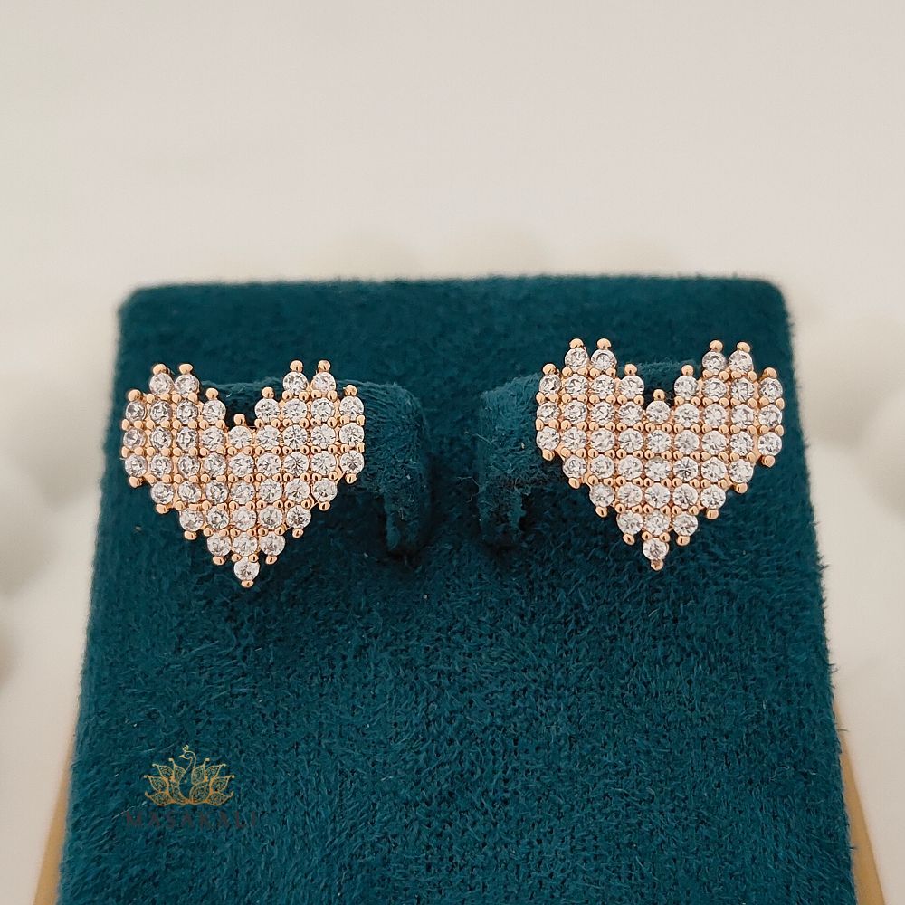 Rose Gold Heart-Shaped CZ Embellished Korean Stud Earrings