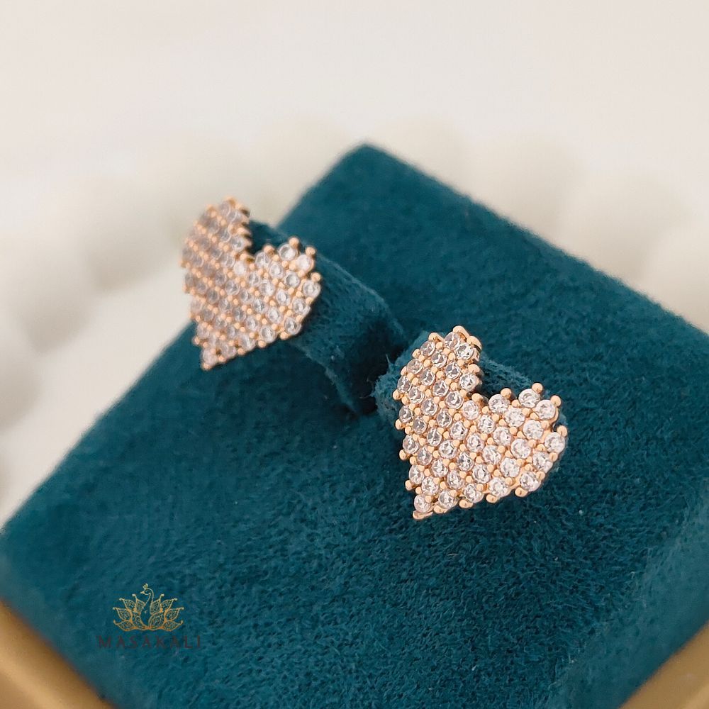 Rose Gold Heart-Shaped CZ Embellished Korean Stud Earrings