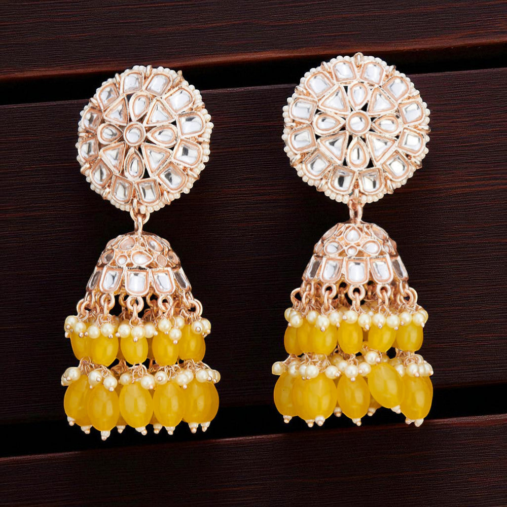 Rose Gold Kundan Studded Pearl Beaded Jhumki Earrings - Yellow