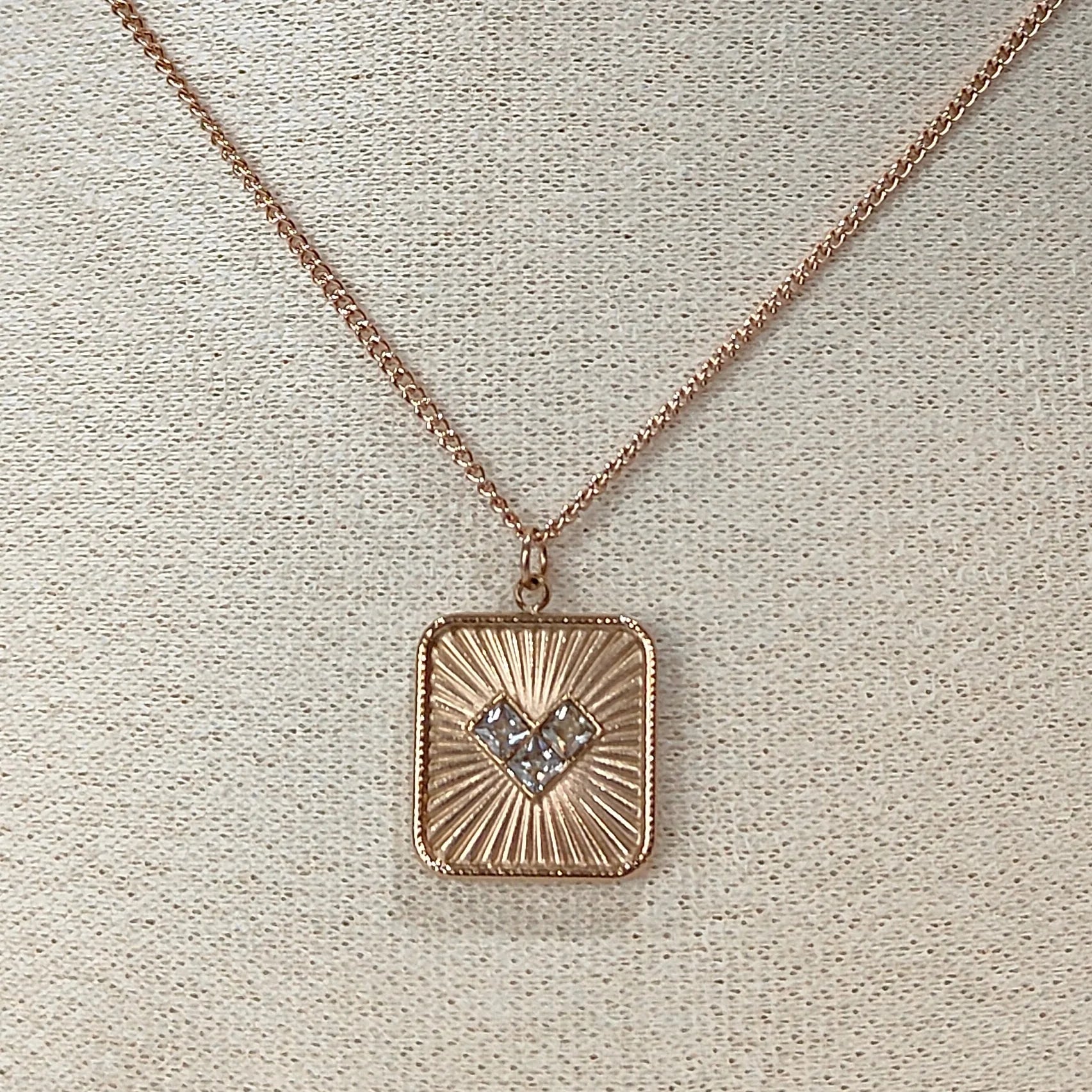 Rose Gold Zirconia Embellished Heart Block Pendant Necklace