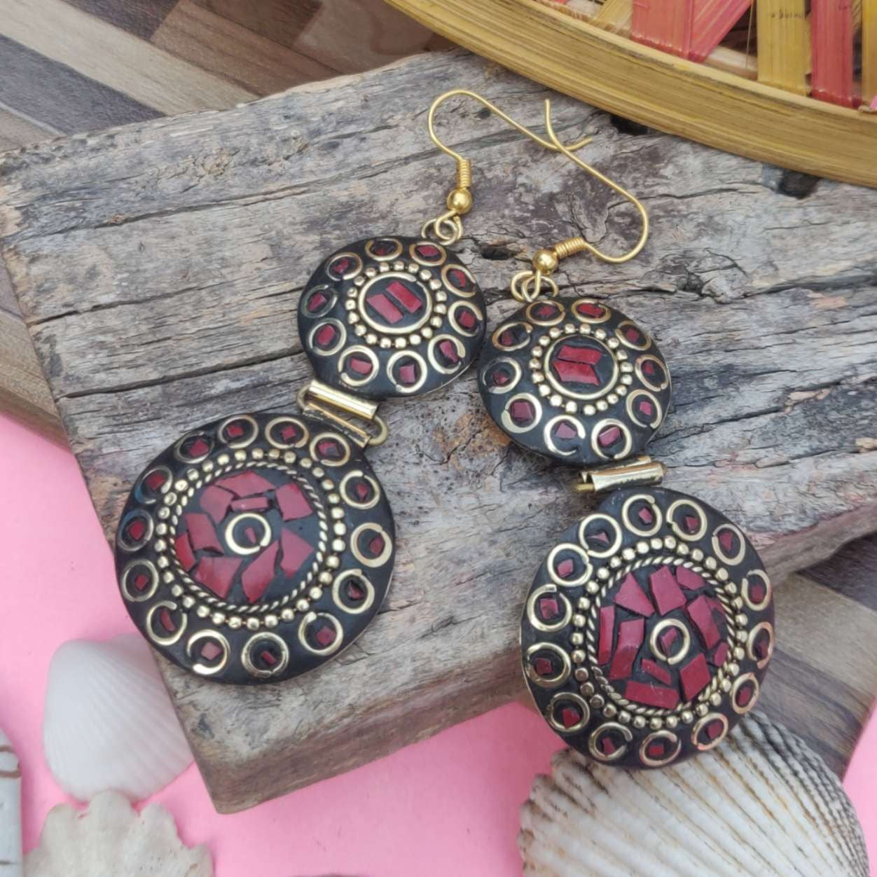 Round-Shaped Double-Layer Lac Work Dangler Earrings