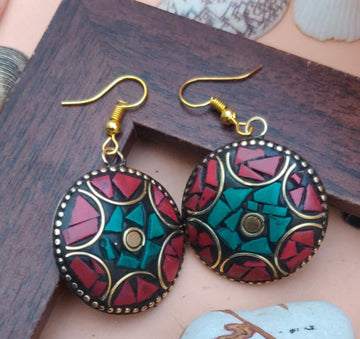 Round Drop Earrings, Traditional Ethnic Style Tibetan Lac Work Handmade Earrings (MKMH1006)