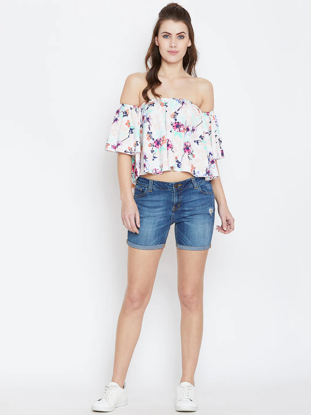 White & Multicolour Floral Printed Off-Shoulder Neck Ruffled Crop Bardot Top