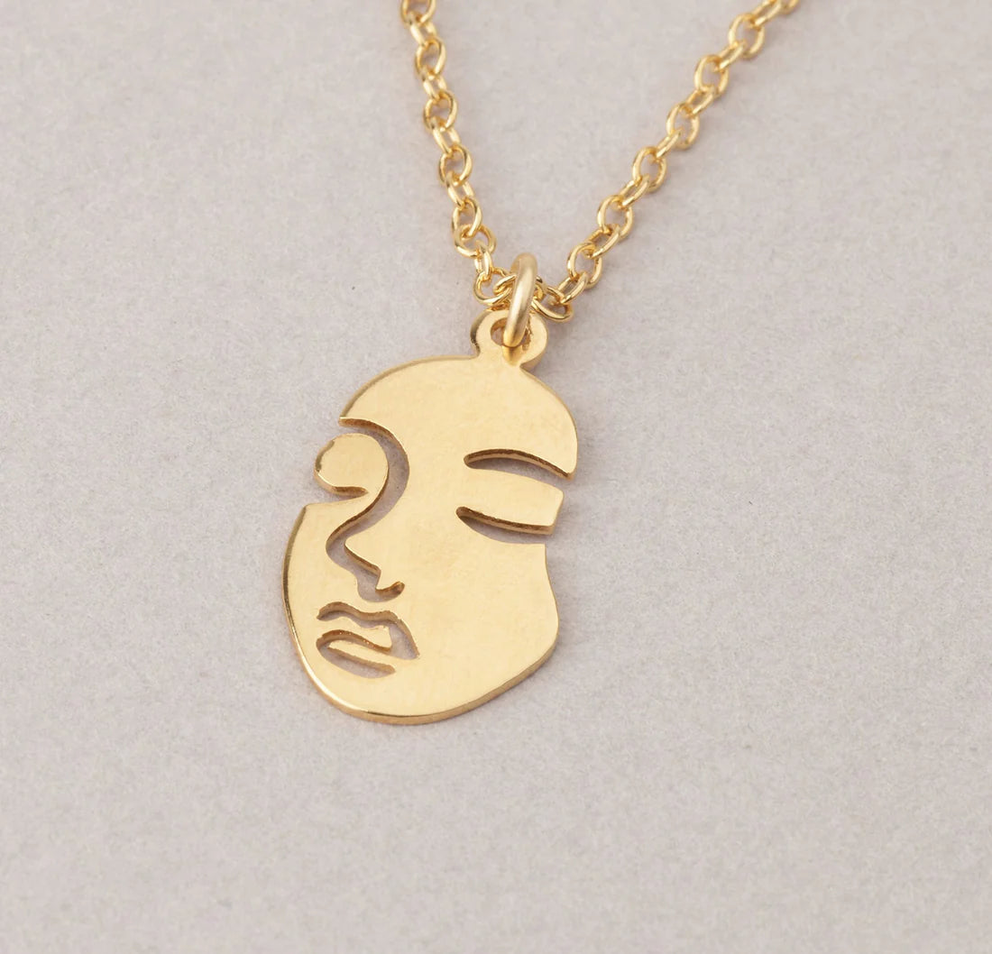 Serenity: Abstract Face Necklace, Gold-plated Boho Pendant With Chain (MSGF1001)