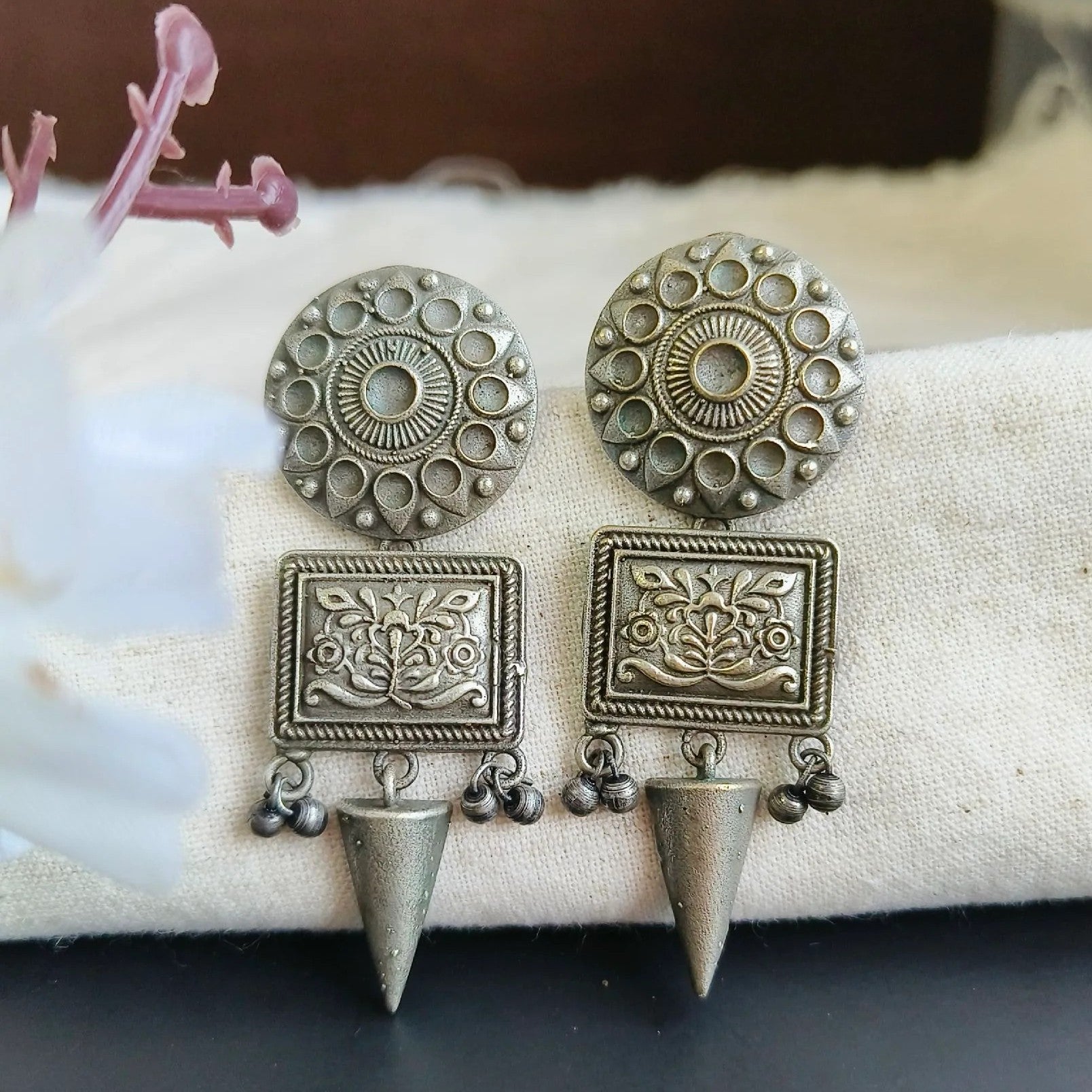 Silver-Lookalike Antique Indian Oxidised Dangler Earrings