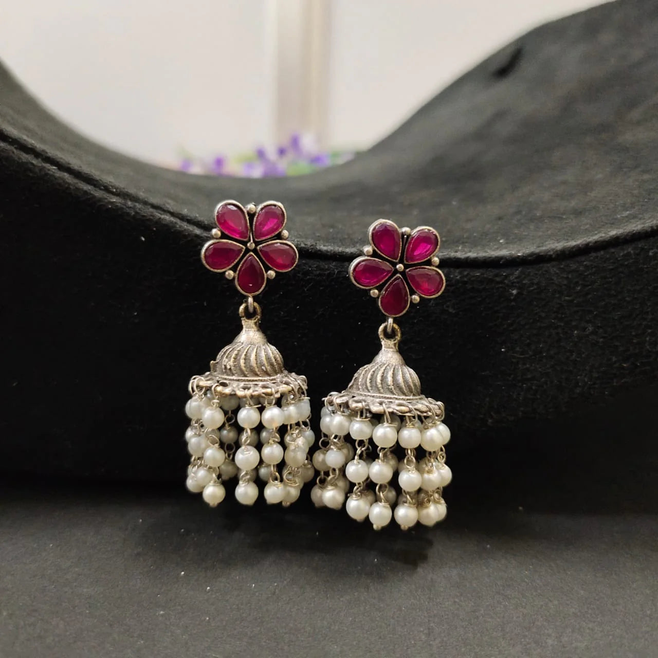 Silver-Oxidised Floral Design Beaded Jhumka Dangler Earrings (Ruby)