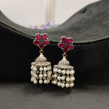 Silver-Oxidised Floral Design Beaded Jhumka Dangler Earrings (Ruby)