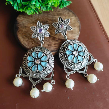 Silver-Oxidised Pearl & Blue Stone-Studded Dangler Earrings