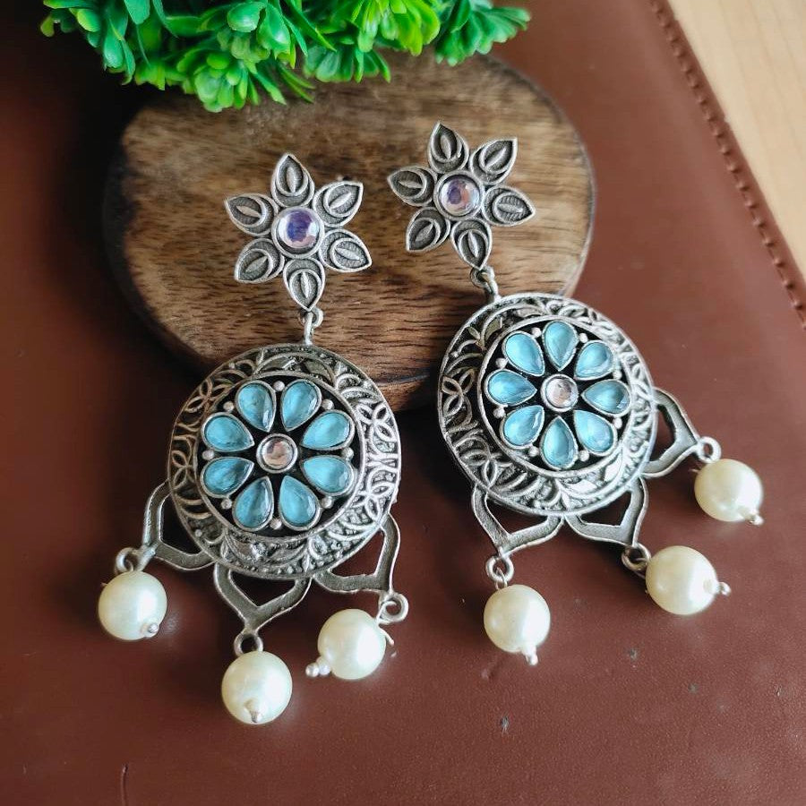Silver-Oxidised Pearl & Blue Stone-Studded Dangler Earrings