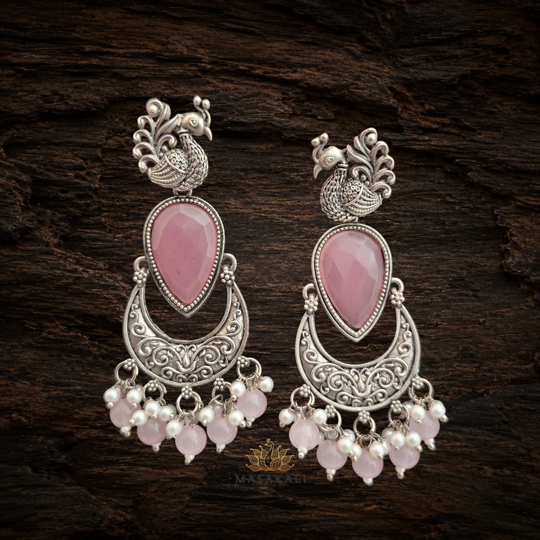 Silver-Oxidised Pink Stone-Studded Peacock Design Chandbali Earrings
