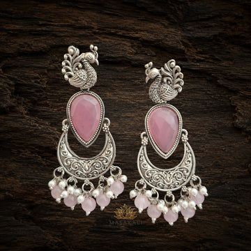 Silver-Oxidised Pink Stone-Studded Peacock Design Chandbali Earrings