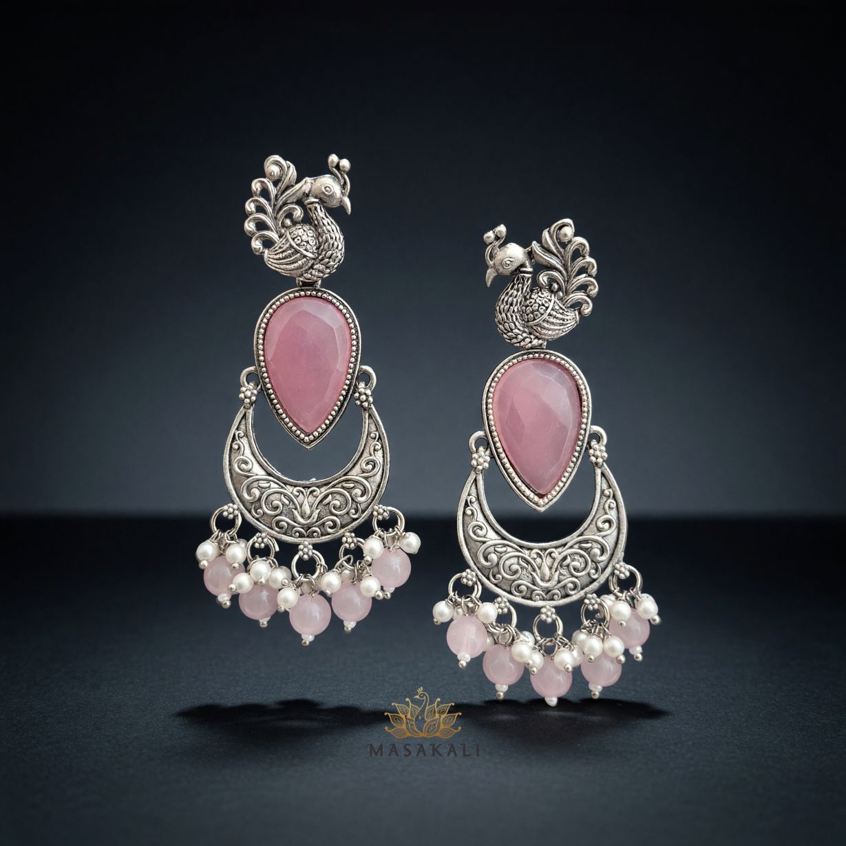 Silver-Oxidised Pink Stone-Studded Peacock Design Chandbali Earrings