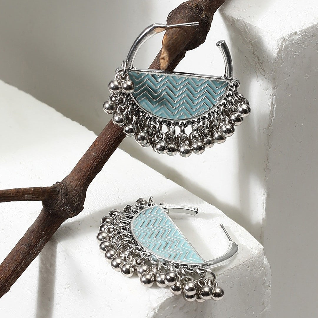 Silver-Plated Beaded Chandbali Turquoise Enamel Artwork Hoop Earrings