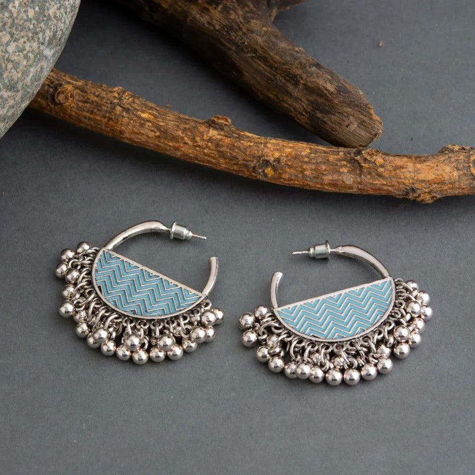 Silver-Plated Beaded Chandbali Turquoise Enamel Artwork Hoop Earrings
