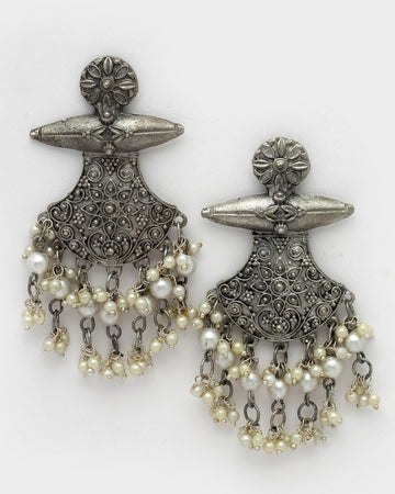 Silver-Plated Beaded Statement Earrings, Antique Crescent Shaped Dangle Earrings For Women