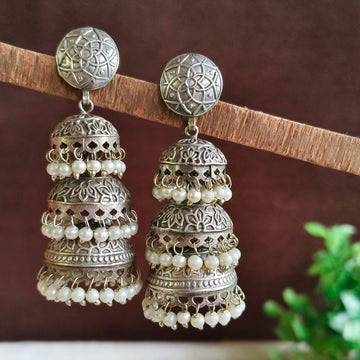 Silver-Plated Beaded Three-Tiered Jhumka Earrings