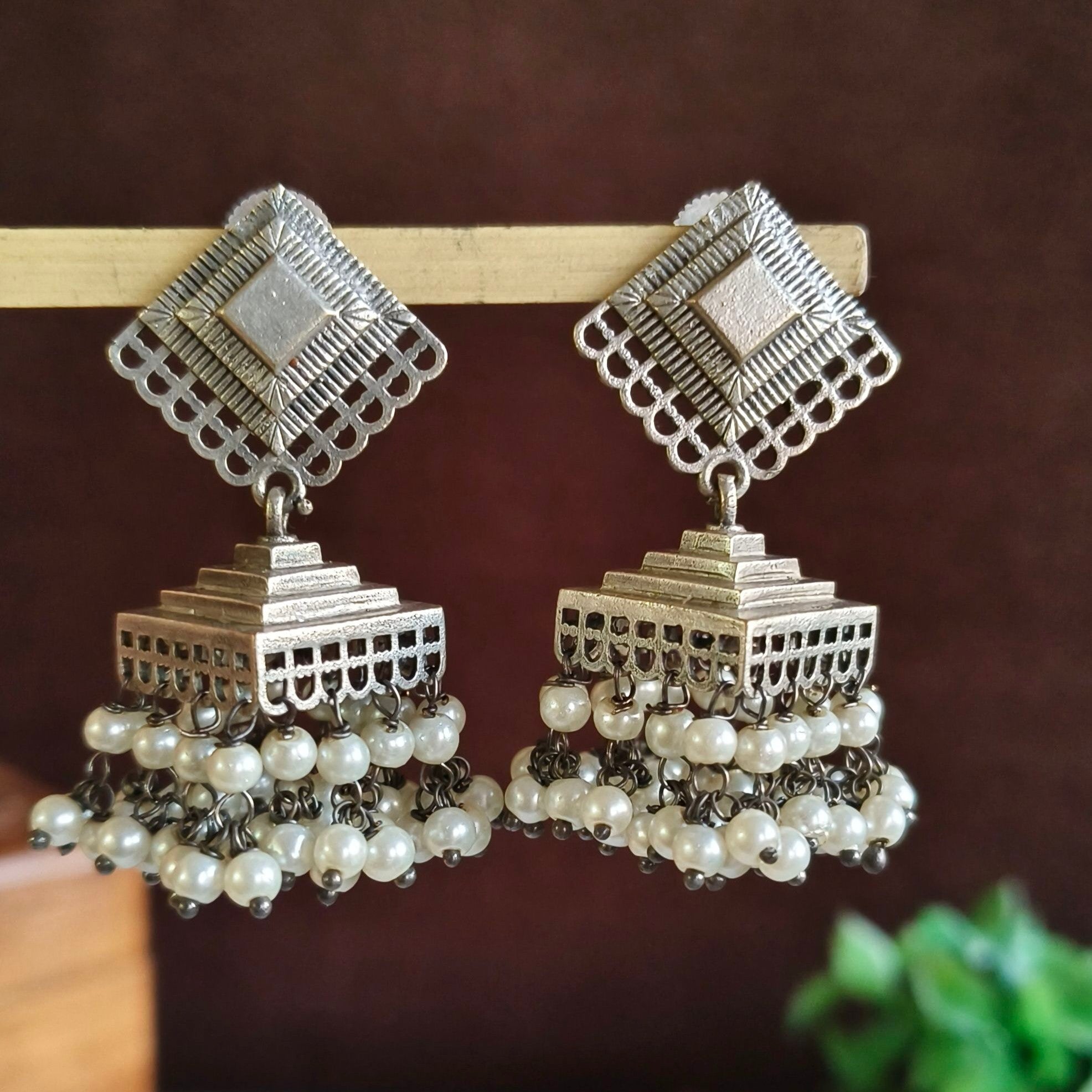 Silver-Plated Beaded Traditional Jhumka Dangler Earrings