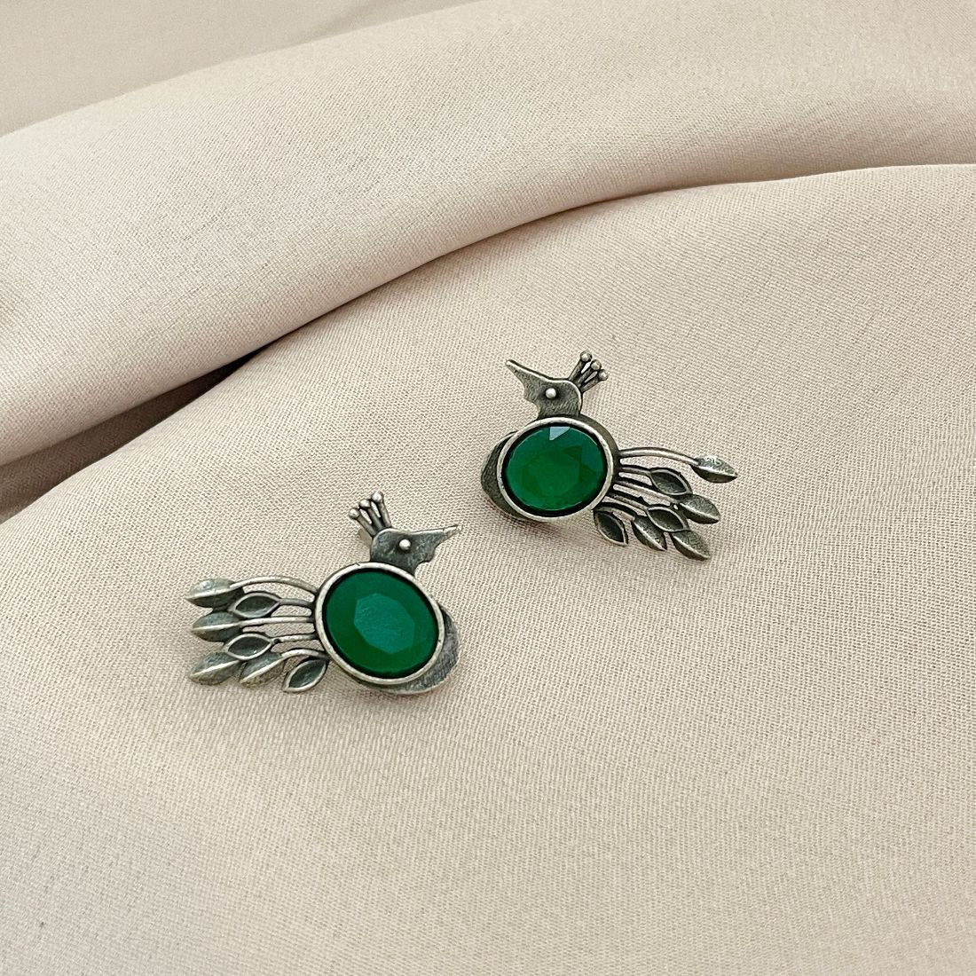 Silver-Plated Brass Green Stone Peacock Shaped Bird Earrings
