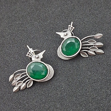 Silver-Plated Brass Green Stone Peacock Shaped Bird Earrings