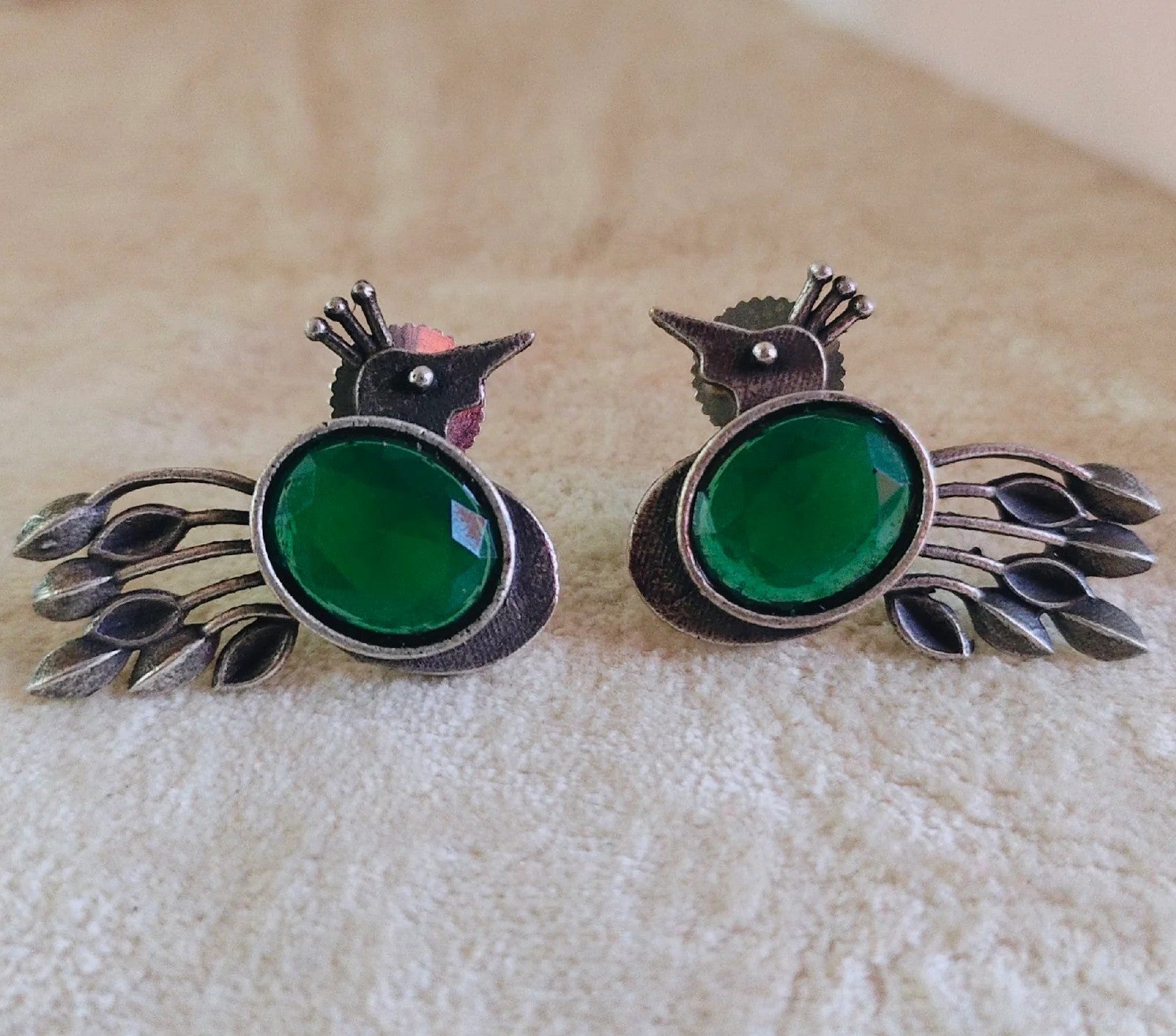 Silver-Plated Brass Green Stone Peacock Shaped Bird Earrings