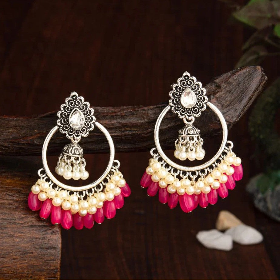 Silver-Plated Colorful Beaded Chandbali Jhumka Dangler Earrings