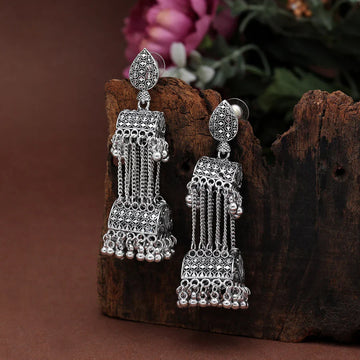 Silver-Plated Elegant Tassel Jhumka Earrings For Women & Girls