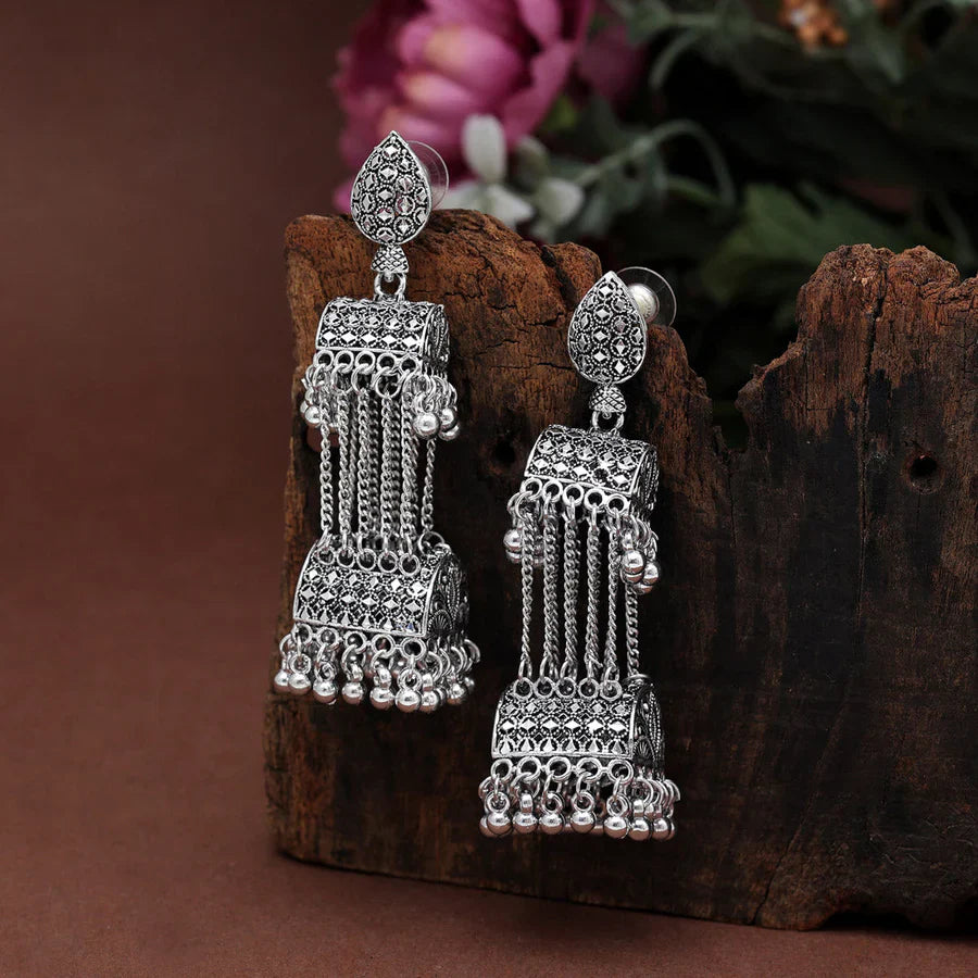 Silver-Plated Elegant Tassel Jhumka Earrings For Women & Girls