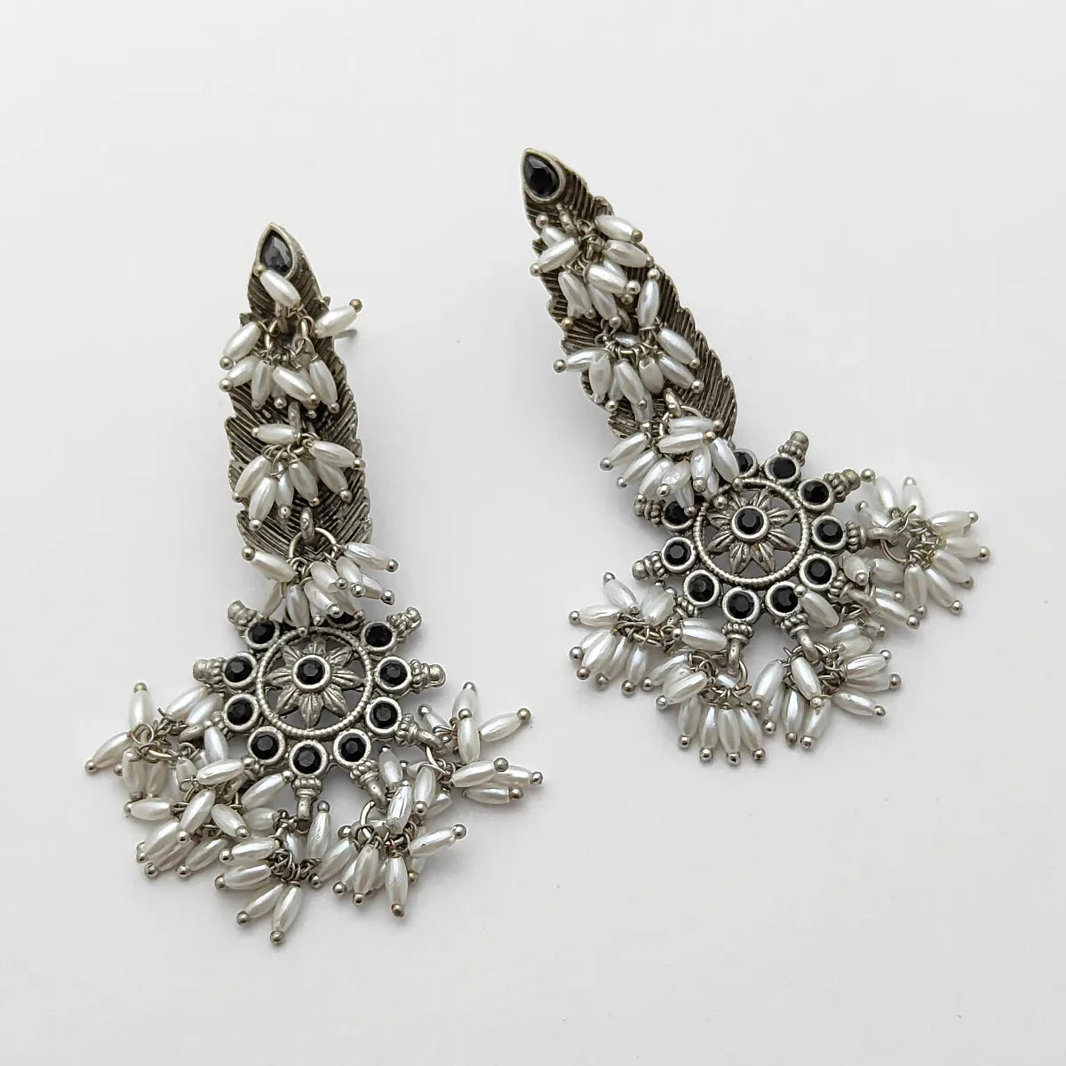 Silver-Plated Feather Design White Beaded Guttapusalu Earrings