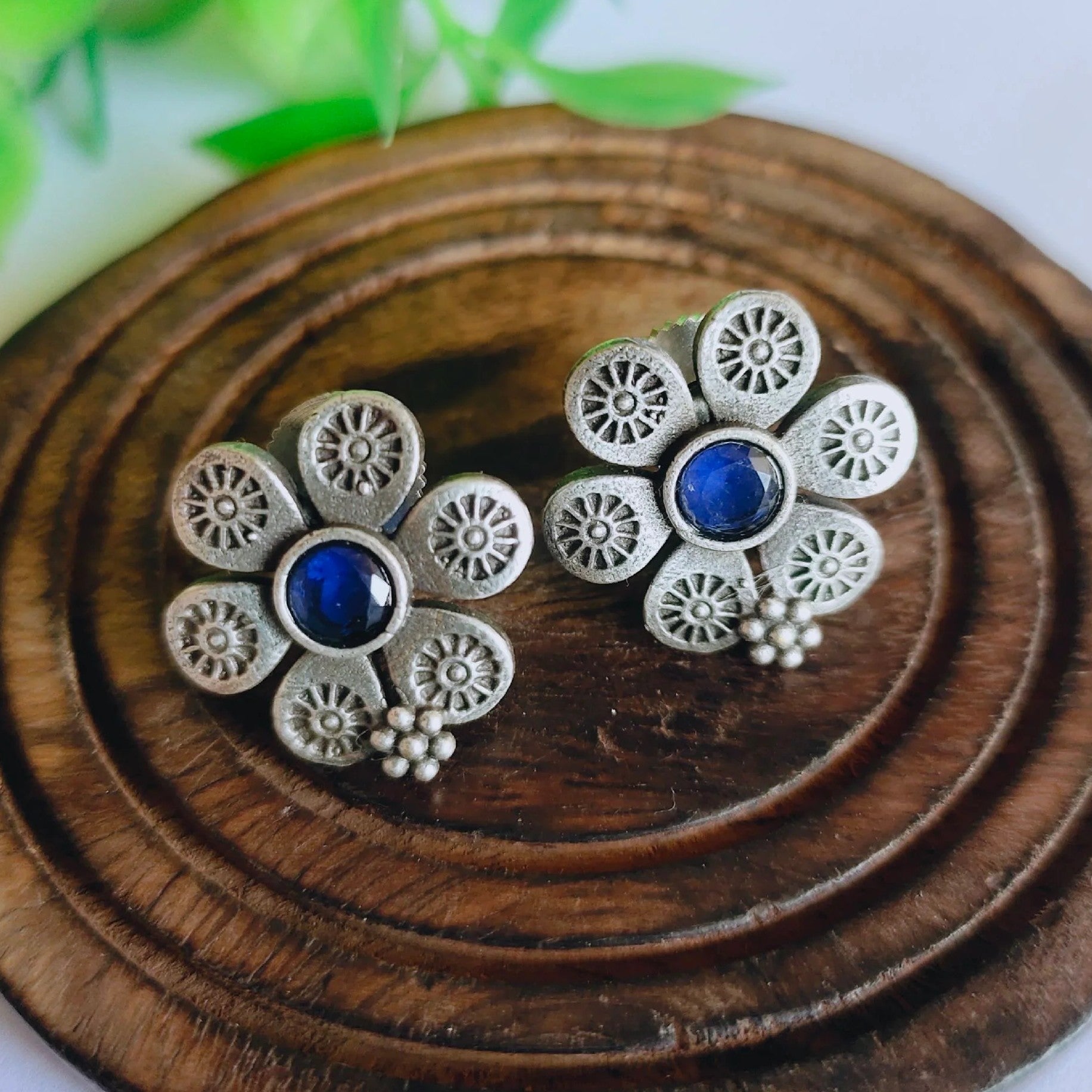 Silver-Plated Floral Design Blue Stone-Studded Earrings