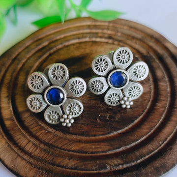 Silver-Plated Floral Design Blue Stone-Studded Earrings