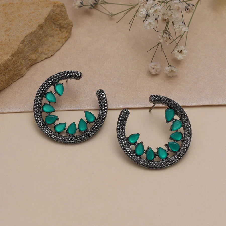 Silver-Plated Green Glass Stone-Studded Earrings