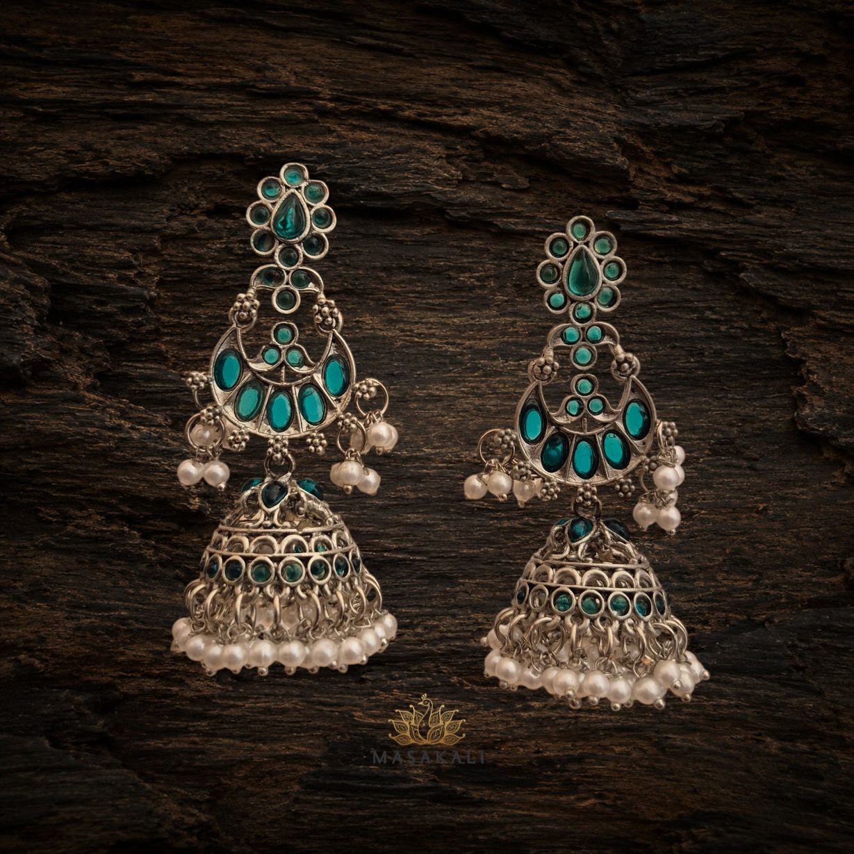 Silver-Plated Green Stone Oxidised Chandbali Jhumka Earrings