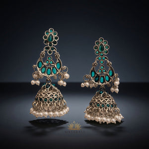 Silver-Plated Green Stone Oxidised Chandbali Jhumka Earrings