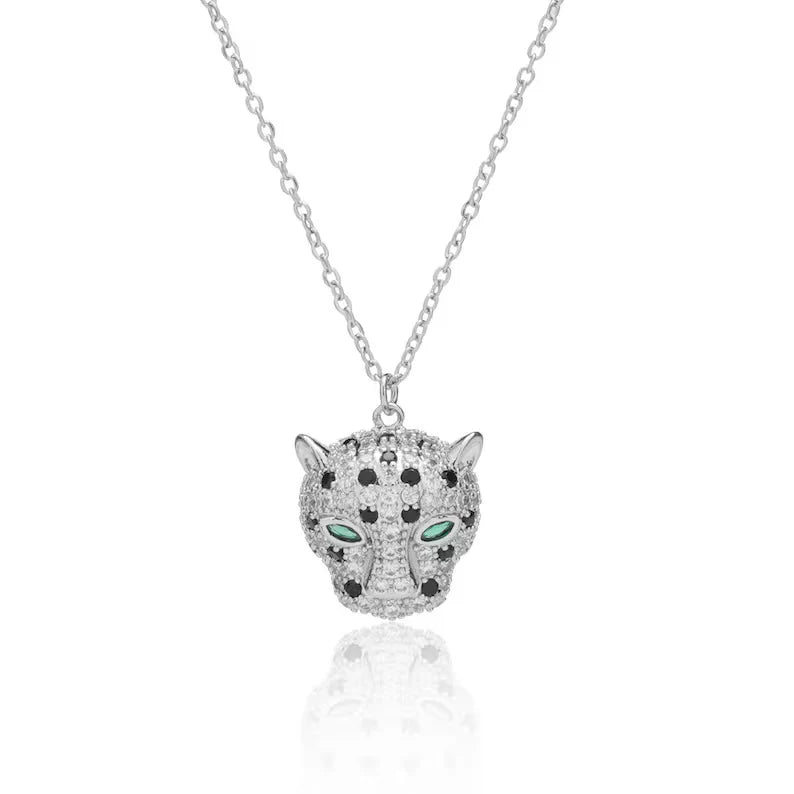 Silver-Plated Leopard Head AD Embellished Pendant Necklace