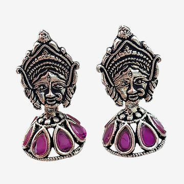 Silver-Plated Maa Durga Face Jhumki Earrings, Ruby