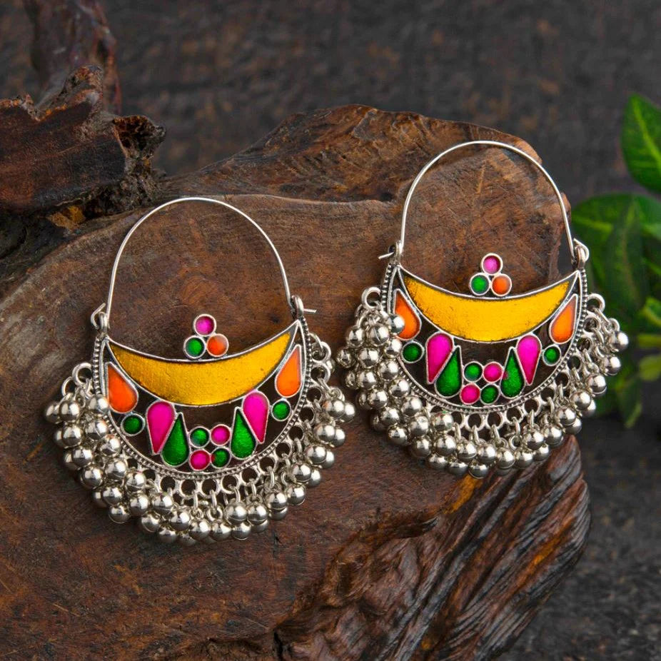 Silver-Plated Meenakari Work Colourful Chandbali Earrings