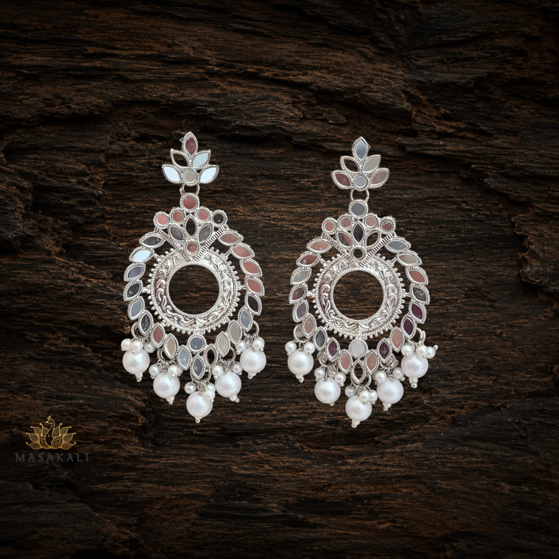 Silver-Plated Mirror Work Chandbali Pearl Dangler Earrings