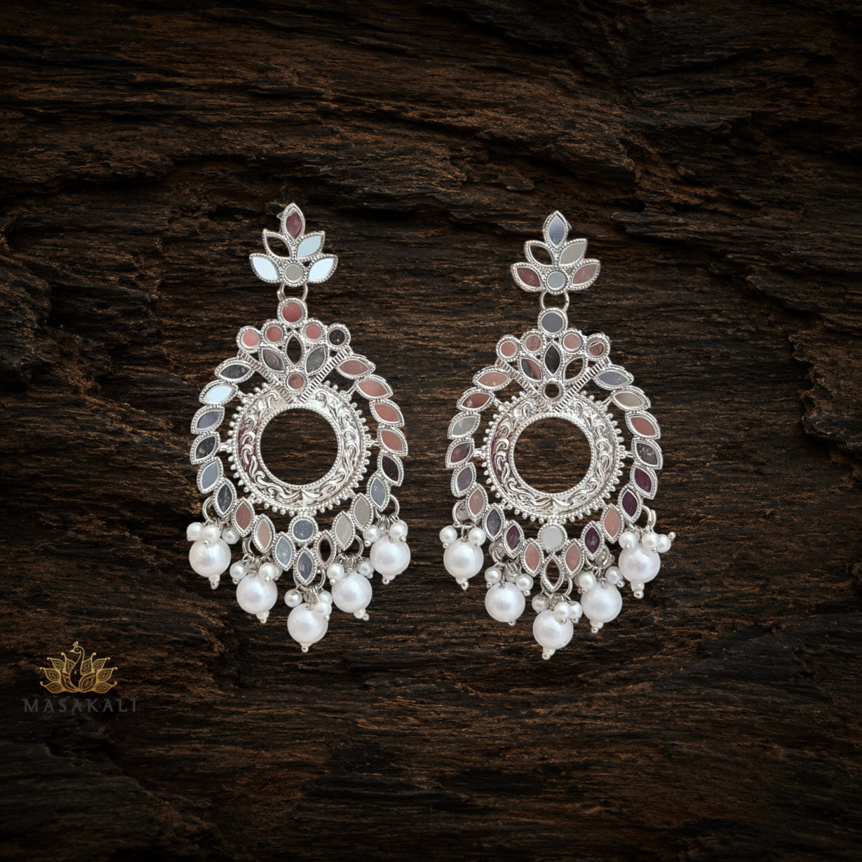 Silver-Plated Mirror Work Chandbali Pearl Dangler Earrings