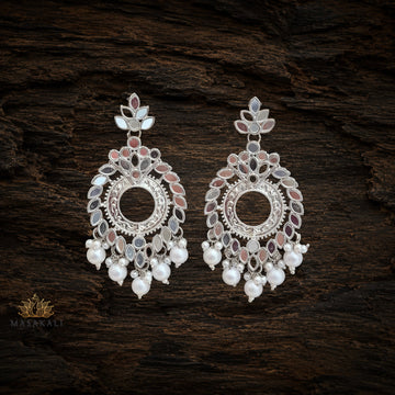 Silver-Plated Mirror Work Chandbali Pearl Dangler Earrings