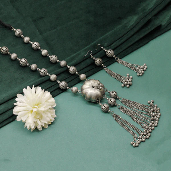 Silver-Plated Oxidised Antique Pendant Necklace Set